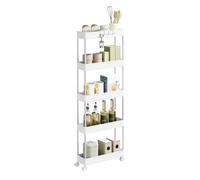 WOLTU Chariot de Rangement 5 Niveaux, Desserte à roulettes Mobile avec 4 Crochets, pour Cuisine, Salle de Bain, Petit Espace, en Plastique et Métal, 41,5 x 112 x 13,5 cm, Blanc