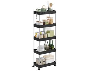 WOLTU Chariot de Rangement 5 Niveaux, Desserte à roulettes Mobile avec 4 Crochets, pour Cuisine, Salle de Bain, Petit Espace, en Plastique et Métal, 41,5 x 112 x 23 cm, Noir