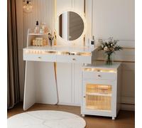 WOLTU Coiffeuse avec Éclairage LED, Design Divisé, Montage Flexible, Blanc | 3 Tiroirs, 1 Miroir Rond Mobile, 1 Armoire Autoportante à Monter à Droit ou à Gauche, pour Chambre, Salon