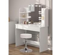 WOLTU Coiffeuse avec Éclairage LED et Tabouret, Coiffeuse avec 2 tiroirs, 4 Étagères, 108x40x142cm, Chaise Réglable en Hauteur, Table Cosmétique en Bois, Blanc, MB6106ws