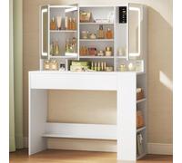WOLTU Coiffeuse avec Grand Miroir à 3 Portes et Lumière LED, Blanc
