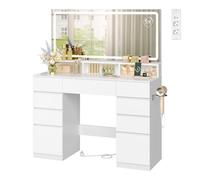 WOLTU Coiffeuse avec Grand Miroir LED et Miroir Grossissant, Table de Maquillage avec Station de Charge, 9 Tiroirs, 3 Étagères & Support Sèche-Cheveux, Meuble Moderne en Bois pour Chambre, Blanche