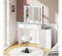 WOLTU Coiffeuse avec Miroir, Éclairage LED Variable, Tabouret Rond, Commode Latérale à Montage Flexible, Blanc W0ETT0248