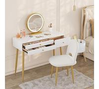 WOLTU Coiffeuse avec Miroir et Tabouret en Velours, Éclairage LED, 100×40 cm, Table Maquillage Bureau 2 en 1 avec 3 Tiroirs, Facile à Monter, Moderne pour Chambre, Doré - Blanc Brillant