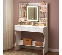 WOLTU Coiffeuse avec Miroir LED, 3 Couleurs, Table de Maquillage avec Étagères Ajustables, 8 Casiers Ouverts, 2 Tiroirs, Armoire à Bijoux, Design Moderne pour Dressing et Chambre, en Bois, Blanc