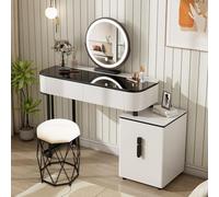 WOLTU Coiffeuse avec Miroir LED Ø45 cm Tactile, 3 Lumières Dimmables, Tabouret en Velours, 4 Tiroirs, Design Moderne Blanc/Noir