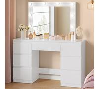 WOLTU Coiffeuse avec Miroir LED à Luminosité Réglable, Table de Maquillage avec 7 Tiroirs, Grand Espace de Rangement, Meuble Coiffeuse Moderne pour Chambre, 110 x 40 cm, en Bois, Blanc