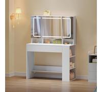 WOLTU Coiffeuse avec Miroir LED à Luminosité Réglable, Table Maquillage avec Tiroir, Rangement Derrière Le Miroir, Armoire à Bijoux et Étagère Latérale, Meuble Chambre Blanc Moderne, 90 x 40 cm