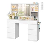 WOLTU Coiffeuse avec Miroir LED Coulissant et Multiprise, Luminosité Réglable, Grande Coiffeuse avec 9 Tiroirs, 11 Étagères, 1 Casier à Bijoux, Meuble Moderne pour Chambre, en Bois, Blanc