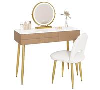 WOLTU Coiffeuse avec Miroir LED dimmable 3 Couleurs, Table de Maquillage avec 3 tiroirs et Chaise Ergonomique, Miroir avec éclairage pour Chambre, Moderne Champagne Beige