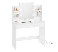 WOLTU Coiffeuse avec Miroir LED et Prises de Courant, USB A/Type-C, Coiffeuse Blanche avec Rangement, 2 Tiroirs et 4 Étagères, Meuble Table Maquillage Moderne pour Chambre, 90x135x40 cm, Bois