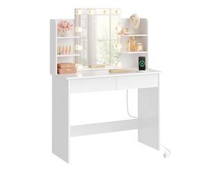 WOLTU Coiffeuse avec Miroir LED et Prises de Courant, USB A/Type-C, Coiffeuse Blanche avec Rangement, 2 Tiroirs et 4 Étagères, Meuble Table Maquillage Moderne pour Chambre, 90x135x40 cm, Bois