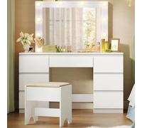 WOLTU Coiffeuse avec Miroir LED et Tabouret, Luminosité Réglable, avec 7 Tiroirs, 110x39,5x140,5cm, Blanc