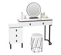 WOLTU Coiffeuse avec Miroir LED et Tabouret Rembourré, 3 Modes de Lumière, Table de Maquillage avec 5 Tiroirs, Coiffeuse Moderne, 2-en-1 Bureau pour Chambre, 100x40 cm, en Bois Blanc
