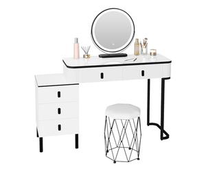 WOLTU Coiffeuse avec Miroir LED et Tabouret Rembourré, 3 Modes de Lumière, Table de Maquillage avec 5 Tiroirs, Coiffeuse Moderne, 2-en-1 Bureau pour Chambre, 100x40 cm, en Bois Blanc