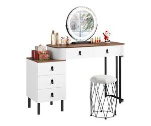 WOLTU Coiffeuse avec Miroir LED et Tabouret Rembourré, 3 Modes de Lumière, Table de Maquillage avec 5 Tiroirs, Coiffeuse Moderne, 2-en-1 Bureau pour Chambre, 100x40 cm, en Bois Marron