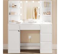 WOLTU Coiffeuse avec Miroir LED, Multiprise, Éclairage Réglable, Grande Coiffeuse avec 5 Tiroirs, Étagères Ouvertes, Armoire, Table de Maquillage en Bois pour Chambre, Blanc, MB6117ws