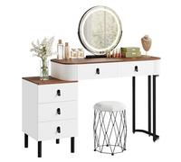 WOLTU Coiffeuse avec Miroir LED Réglable, Coiffeuse avec 2 Tiroirs et 1 Commode, Miroir Pivotant et Amovible, Effet de Bois Marron orangé
