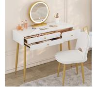 WOLTU Coiffeuse avec Miroir LED Réglable et Chaise en Velours, Table de Maquillage avec 3 Tiroirs, Crème+Or W0ETT0047