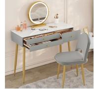 WOLTU Coiffeuse avec Miroir LED Réglable et Chaise en Velours, Table de Maquillage avec 3 Tiroirs, Gris+Or W0ETT0046