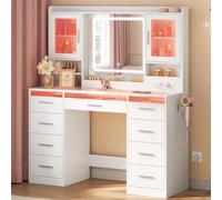 WOLTU Coiffeuse avec Miroir LED Réglable et Éclairage RGB, Grande Coiffeuse avec Plateau en Verre, 9 Tiroirs, Prise de Courant, 2 Placards avec Portes, Table de Maquillage Moderne pour Chambre, Blanc