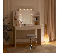 WOLTU Coiffeuse avec Miroir LED, Tabouret Réglable en Hauteur, Table de Maquillage avec 2 Tiroirs 4 Étagères Ouvertes, 108x40x142cm, Bureau Coiffeuse Blanche en Bois, MB6106ws