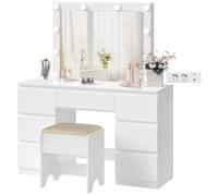 WOLTU Coiffeuse avec Multiprise - Tabouret en lin - Table de Maquillage 7 Tiroirs- Miroir LED Réglable - Blanc