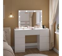 WOLTU Coiffeuse blanche pour filles/femmes, avec grand miroir, 7 tiroirs, bureau de maquillage avec lumières LED, prise de charge BLANC