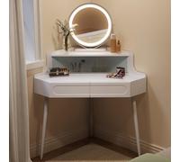 WOLTU Coiffeuse d'angle, avec Miroir LED à Luminosité Réglable, 2 Tiroirs, 1 Casier avec Portes en Verre, Moderne, Pieds en Métal, Blanc, MB6119ws