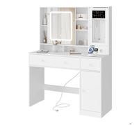 WOLTU Coiffeuse Miroir LED Réglable - Prise Intégrée - Grands Tiroirs et Placard Bijoux - Rangement Optimal - Blanc 108x40cm