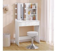 WOLTU Coiffeuse, Table de Maquillage avec Miroir LED, Lumière Réglable, Tabouret Réglable en Hauteur, Blanc