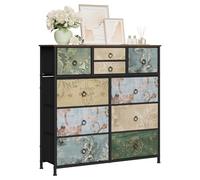 WOLTU Commode à 10 Tiroirs en Tissu, Chiffonnier, Meuble Rangement, pour Chambre,Entrée,Salon, Marron Rustique+Noir+Motif de Fleur Vintage, Cadre en Métal, 100x30x100cm, SSK009pw