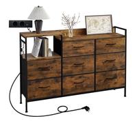 WOLTU Commode à 8 Tiroirs en Tissu, avec Station de Charge, Métal et Bois d'Ingénierie E1, Marron Rustique et Noir W0ITT5001