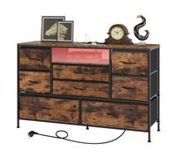 WOLTU Commode Chambre Adulte|Commode 8 tiroirs en Tissu|Meuble de Rangement avec Lumière LED Télécommandée, Prises Type-C+USB-A & AC, Cadre Métal, Marron-Noir Rétro, 120x36x75cm, SSK013vbn