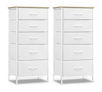 WOLTU Commode, Meuble de Rangement, Lot de 2, Chiffonnier avec 5 Tiroirs en Tissu, Armoire, en MDF Cadre en métal, Blanco Nube + Beige Roble, SSK004ws-2