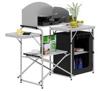 WOLTU Cuisine de Camping, Table de Pique-Nique Pliable en MDF et Aluminium, avec Armoire de Rangement, Protection Contre Le Vent et Sac Portable,Blanc+Noir