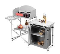 WOLTU Cuisine de Camping, Table de Pique-Nique Pliable en MDF et Aluminium, avec Armoire de Rangement, Protection Contre Le Vent et Sac Portable,Gris veiné de Bois