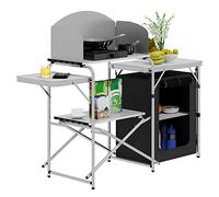 WOLTU Cuisine de Camping, Table de Pique-Nique Pliable en MDF et Aluminium, avec Armoire de Rangement, Protection Contre Le Vent et Sac Portable,Blanc+Noir