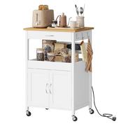 WOLTU Desserte de Cuisine avec Multiprise 60x45x92 cm, Îlot Chariot de Cuisine - 2 Verrouillables, Bambou+Blanc