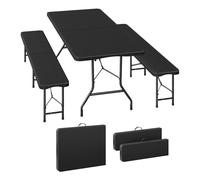 WOLTU Ensemble de Meubles de Jardin 3 Pièces, Table à Bière Extérieur et 2 Bancs Pliables Rectangulaires Portables, pour Réception Pique-Nique Barbecue, avec Structure en Métal, en Aspect Rotin, Noir