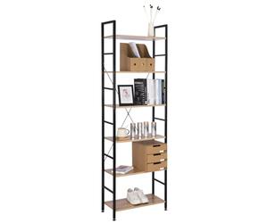 WOLTU Étagère à 6 Niveaux, Bibliothèque Étagère Rangement, en Bois d'ingénierie et Métal, pour Salon Chambre Bureau, 60x27,5x180cm, Chêne Clair + Noir, RGB9307hei