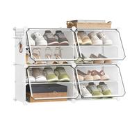 WOLTU Étagère à chaussures, meuble à chaussures avec 4 compartiments, peu encombrant, avec crochets, rangement en plastique pour chaussures, pour couloir, chambre, entrée, rangement pour 16 paires de