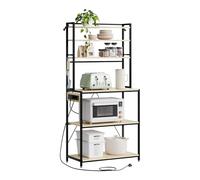 WOLTU Étagère Cuisine avec Multiprise, 6 Niveaux Support Micro-Ondes avec Étagère Réglable & 6 Crochets, Rangement Cuisine, Cadre en Métal & Bois d'Ingénierie, Noir+Chêne Clair, 80x39,5x167cm