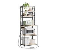 WOLTU Étagère Cuisine avec Multiprise, 6 Niveaux Support Micro-Ondes avec Étagère Réglable & 6 Crochets, Rangement Cuisine, Cadre en Métal & Bois d'Ingénierie, Noir+Chêne Clair, 60x39,5x167cm