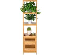 WOLTU Meuble Salle de Bain Bambou, Étagère Colonne pour Salle de Bain avec 4 Tablettes Ouvertes, 1 Placard avec Porte à Lamelles, 36x33x140cm