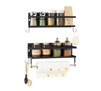 WOLTU Étagère Murale Cuisine, Étagère à Épices, Lot de 2, avec Porte-Serviettes, 4 Crochets Amovibles, en Métal, Noir