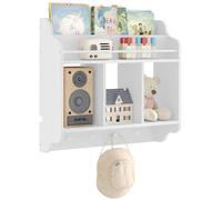 WOLTU Étagère Murale Enfant, Bibliothèque Murale, 3Compartiments Ouverts, 2Étagères, 4Crochets, MDF et Bois Massif, Blanc