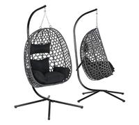 WOLTU Fauteuil Œuf Suspendu, Chaise Hamac Balançoire, avec Support en Métal, Coussin de Siège et Appui-tête, Charge 150 kg, Rotin PE, pour Jardin, Balcon, Terrasse, 102x100x196cm, Noir