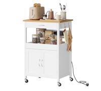 WOLTU Îlot Central Cuisine avec Plan de Travail, Desserte à roulettes, avec Multiprise, 1 Tiroir, 1 Étagère Ouverte et 1 Placard à Portes, 60x45x92 cm, en Bois d'Ingénierie, Couleur Bambou+Blanc