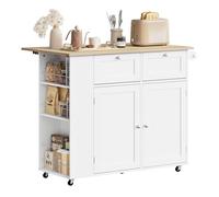 WOLTU Îlot Central Cuisine sur roulettes, Meuble Cuisine avec Plateau Rabattable, Étagère Latérale, Placard avec 2 Tiroirs, 2 Portes et Porte-Serviettes, Chêne Clair + Blanc